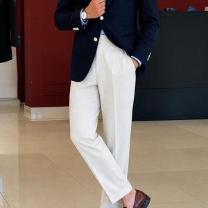 Men's Navy Blazer Cream Trousers Set, 2 Piece Formal Suit