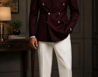 Mens Burgundy Double Breasted Blazer, Luxury Formal Suit Coat, Wedding Groom Attire