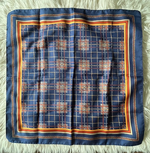 Vintage Polyester Patterned Square Scarf Blue Gol… - image 5