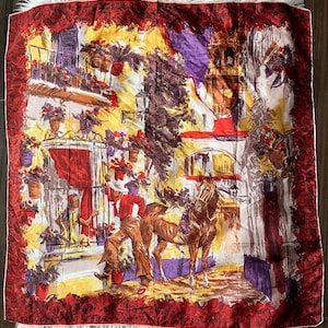 Vintage Polyester Large Square Scarf Spanish Local Scene