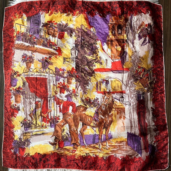 Vintage Polyester Large Square Scarf Spanish Local Scene
