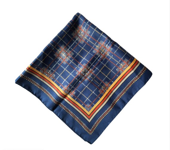 Vintage Polyester Patterned Square Scarf Blue Gol… - image 1
