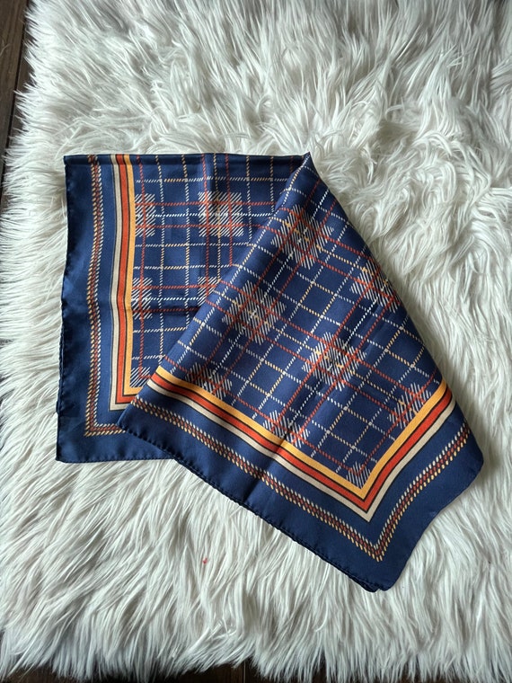 Vintage Polyester Patterned Square Scarf Blue Gol… - image 3