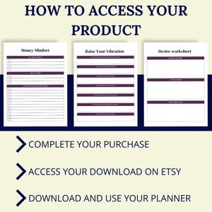 Op de afbeelding: Een digitale productgids met de titel "HOW TO ACCESS YOUR PRODUCT". De gids bevat werkbladen met de titels "Money Mindset", "Raise Your Vibration" en "Desire worksheet". Er worden instructies gegeven om de aankoop te voltooien, de download op Etsy te openen en de planner te gebruiken.
