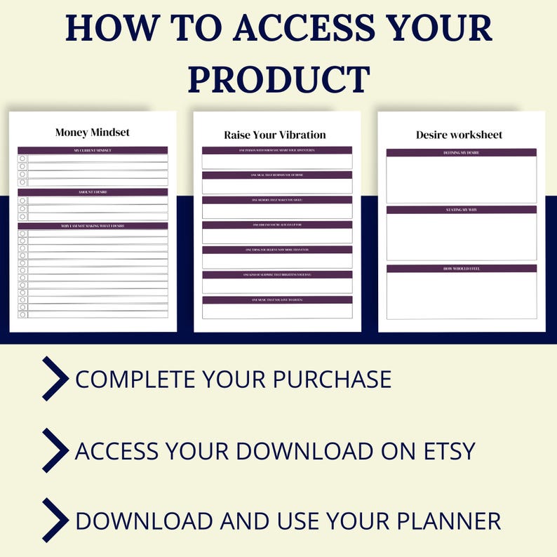 Op de afbeelding: Een digitale productgids met de titel "HOW TO ACCESS YOUR PRODUCT". De gids bevat werkbladen met de titels "Money Mindset", "Raise Your Vibration" en "Desire worksheet". Er worden instructies gegeven om de aankoop te voltooien, de download op Etsy te openen en de planner te gebruiken.