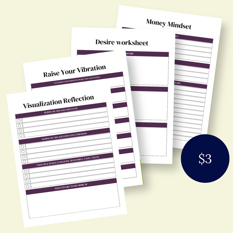 Op de afbeelding: Een stapel witte werkbladen met paarse accenten. Titels zijn onder meer "Raise Your Vibration", "Desire worksheet" en "Money Mindset". Het werkblad "Visualization Reflection" heeft selectievakjes en aanwijzingen. Een donkerblauwe cirkel met "$3" is zichtbaar.