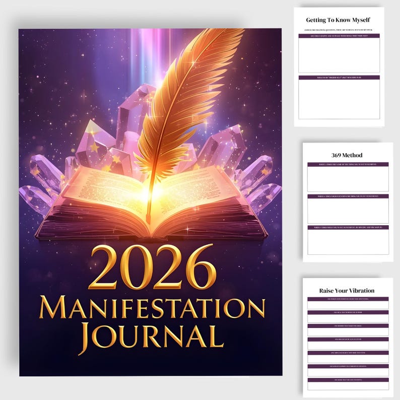 Op de afbeelding: Een digitale illustratie van een 2026 Manifestatie Journal. De omslag toont een open boek met een gloeiend licht, een veer en kristallen. De titel van het tijdschrift is in gouden letters. Extra pagina's worden getoond met prompts.