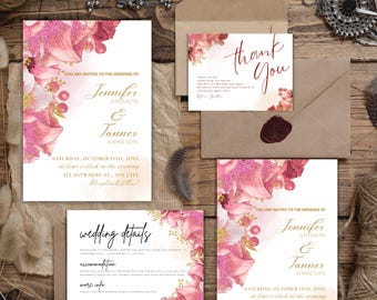 Blush Wedding Invitation Bundle Editable in Canva | RSVP, Details & Thank You Card | Printable Suite