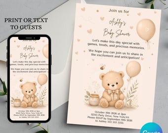 Teddy Bear Baby Shower Invitation Template, Editable Neutral Printable Invite (Digital Download)
