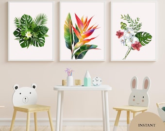 Tropical Leaves Wall Art – Monstera Palm Botanical Print Set (Digital Download)