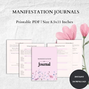 Puede incluir: Un conjunto de diarios de manifestación rosas imprimibles con detalles florales. Los diarios incluyen páginas para tableros de visión y establecer metas. El texto de la portada dice "Manifestation Journal". Tamaño: 21,6 x 27,9 cm.