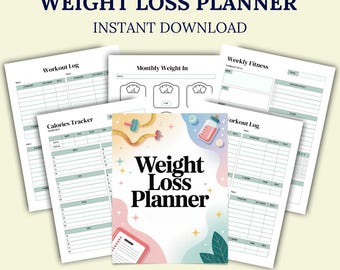 Gewichtsverliesplanner Afdrukbare doelentracker, maaltijd, gezondheid en fitness pdf direct downloaden
