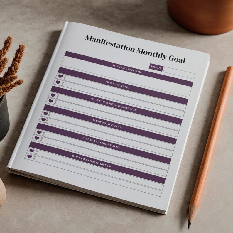 Op de afbeelding: Een wit notitieboek met de titel "Manifestation Monthly Goal" met paarse accenten en een potlood. Het notitieboek bevat secties voor doelen, prestaties en toezeggingen. De tekst is in een schone, schreefloze letter.