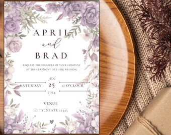 Purple Flower Wedding Invitation Editable in Canva | Printable Bridal Invite | Digital Wedding Suite PDF