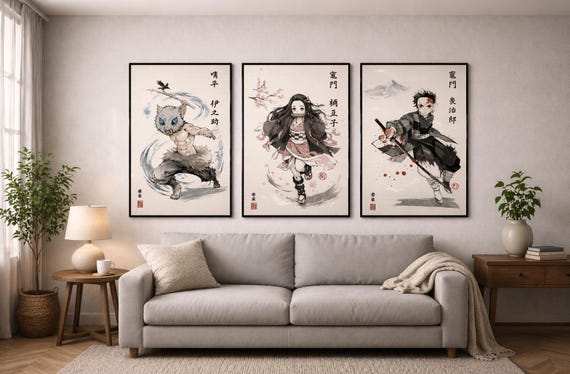 Demon Slayer Anime Poster Set, Japanese Ink Wall Art, Minimalist Manga Prints (A3)