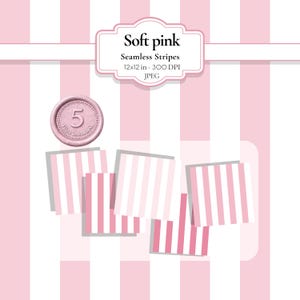 Puede incluir: Un diseño digital con un patrón de rayas rosa claro y blanco. La imagen incluye un sello con el número 5 y el texto "Archivos incluidos". También está presente el texto "Soft pink" y "Seamless Stripes".