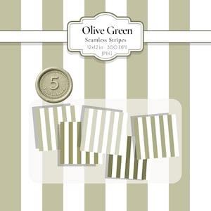 Puede incluir: Paquete de papel digital con rayas sin costuras en verde oliva y blanco. La imagen incluye una etiqueta que dice "Olive Green Seamless Stripes 12x12 in. 300 DPI JPEG" y un sello que dice "5 archivos incluidos".