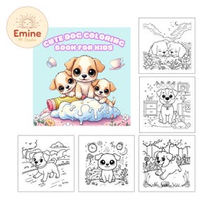 以下が含まれることがあります： 「Cute Dog Coloring Book for Kids」というタイトルの子供向け塗り絵本の表紙には、3匹の漫画の子犬が描かれています。タイトルはピンクと紫です。追加の白黒の犬のイラストが表示されています。