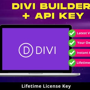 Könnte beinhalten: Ein Laptop zeigt das Divi-Logo auf einem lila Bildschirm. Der Text "DIVI BUILDER + API KEY" steht oben. Der Bildschirm zeigt auch "Latest Version", "Your Own Key", "Instant Access" und "Lifetime Updates". Die Worte "Lifetime License Key" stehen unten.