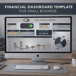 May include: A computer monitor displays a financial dashboard template for small businesses. The screen shows charts, graphs, and financial data. The text "FINANCIAL DASHBOARD TEMPLATE FOR SMALL BUSINESS" is at the top. The setup includes a keyboard, mouse, and coffee cup.