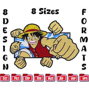 Pode incluir: Design bordado com um personagem de desenho animado com chapéu de palha e colete vermelho, rompendo um fundo azul e branco. O texto diz "8 Tamanhos" e "8 Formatos de Design". Inclui ícones de formato de arquivo.