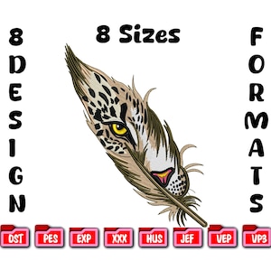May include: An embroidered design of a feather with a leopard's face, featuring a yellow eye and a pink nose. The design is in shades of brown, tan, and black. Text includes "8 Sizes", "8 Design", and "Formats".