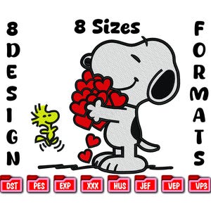 以下が含まれることがあります： スヌーピーが赤いハートのブーケを持ち、近くにウッドストックがいる刺繍デザイン。デザインには「8サイズ」と「8デザインフォーマット」の文字が含まれています。ファイル形式には、DST、PES、EXP、XXX、HUS、JEF、VEP、VP3が含まれます。