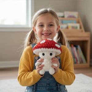 Puede incluir: Un juguete de crochet con forma de seta, con un gorro rojo con lunares blancos, un tallo blanco y ojos negros. El juguete lo sostiene una persona que lleva un jersey amarillo y un peto vaquero. Un juguete suave y tierno.