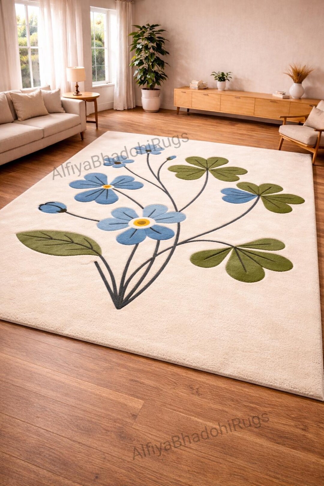 Large Blue Flower Tufted Area Rug, Botanical Cream Carpet for Living ...