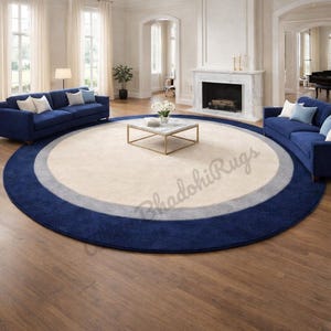 Modern Navy Blue Round Area Rug, Ivory, Grey Circular Border Wool Carpet for Living Room, Minimalist Large Circle Rug, Custom Size Floor Rug