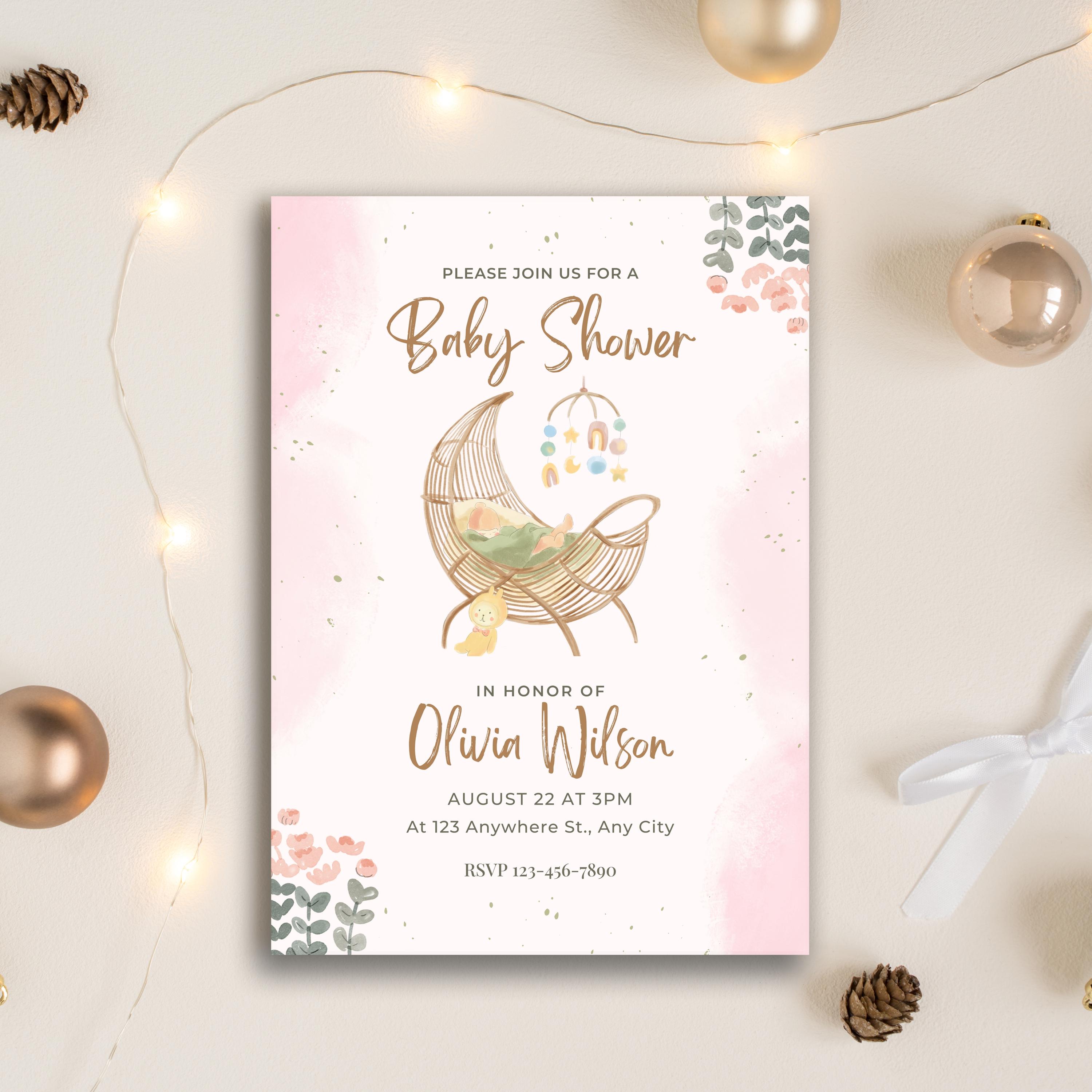 Editable Cute Pink Baby Shower Invitation | Baby Girl Shower | Boho ...