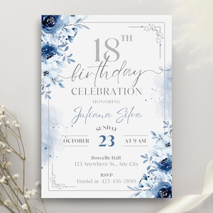 Blue & White Floral 18th Birthday Invitation | Elegant Editable Canva Template | Teen Birthday Party Invite | Printable Digital Download image 1
