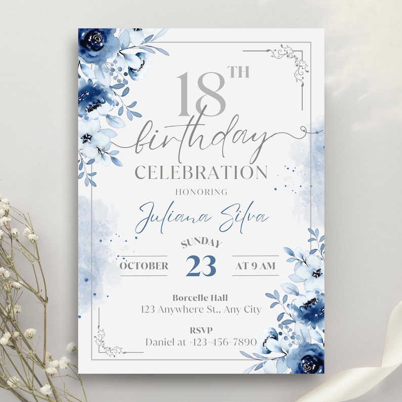 Blue & White Floral 18th Birthday Invitation | Elegant Editable Canva Template | Teen Birthday Party Invite | Printable Digital Download image 1