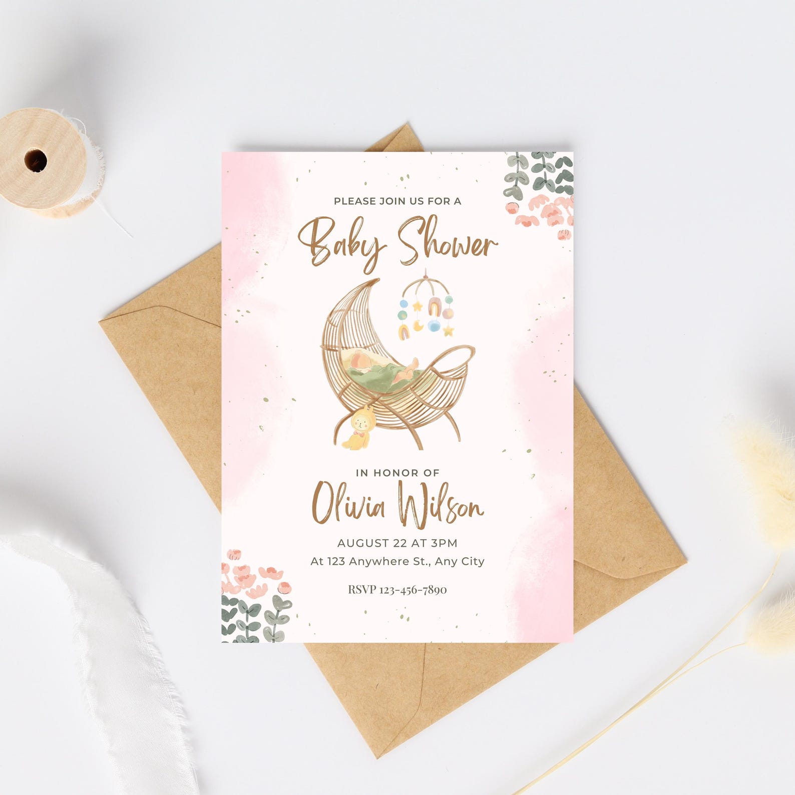 Editable Cute Pink Baby Shower Invitation | Baby Girl Shower | Boho ...