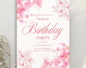 Pink Watercolor Flowers Birthday Invitation | Editable Canva Template | Kids Party Invite | Printable Digital Download