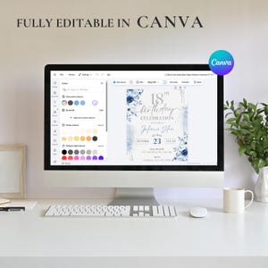 May include: A computer screen displays a baby shower invitation design, featuring blue floral accents and the text "18th Birthday Celebration." The screen shows the design being edited in Canva, with the text "FULLY EDITABLE IN CANVA" at the top.