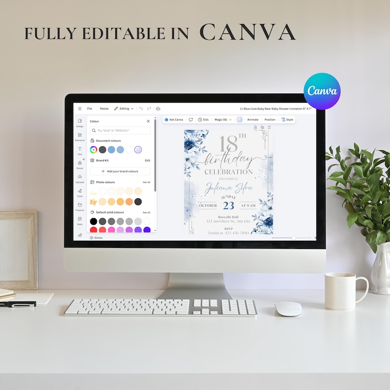 May include: A computer screen displays a baby shower invitation design, featuring blue floral accents and the text "18th Birthday Celebration." The screen shows the design being edited in Canva, with the text "FULLY EDITABLE IN CANVA" at the top.