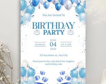 Blue Balloon Birthday Party Invitation | Editable Canva Invite | Modern Kids Birthday | Printable Digital Download