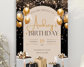 Black and Gold Luxury Happy Birthday Party Invitation Template | Classy Elegant Design | Editable Canva Invite | Instant Digital Download