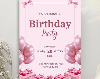 Pink Playful Birthday Invitation with Pink Balloons for Girls | Editable Canva Template | Kids Party Invite | Digital Download