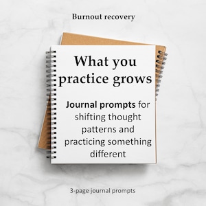 May include: A spiral-bound journal with the text "What you practice grows" and "Journal prompts for shifting thought patterns and practicing something different." The journal is on top of a brown notebook. The words "Burnout recovery" and "3-page journal prompts" are also visible.