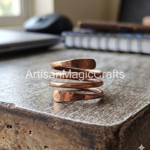 Handmade Solid Copper Spiral Ring - Adjustable Multi-Layer Wrap Band - Hammered Raw Copper Jewelry - Artisan Boho Statement Ring