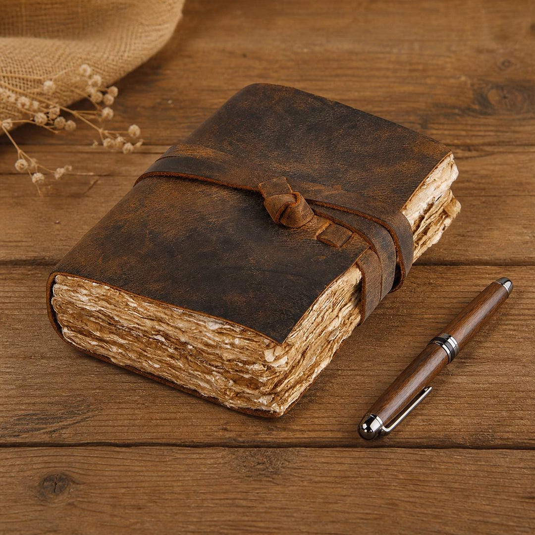 Vintage Leather Journal With Deckle Edge Paper, Rustic Handmade ...