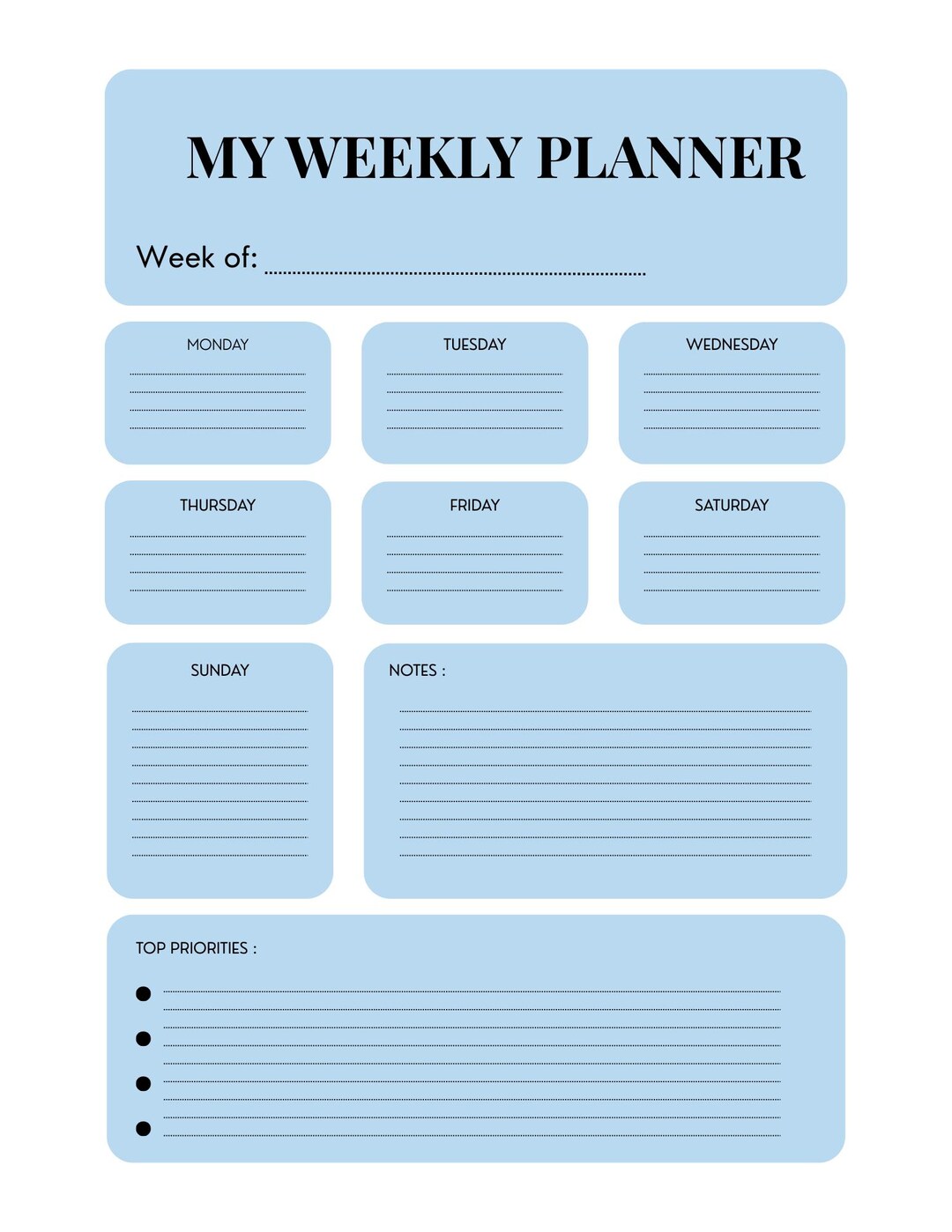 Weekly Planner Printable PDF | Minimalist Blue Planner | Instant ...