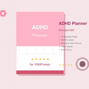 Puede incluir: Un planificador de TDAH rosa con el texto "ADHD Planner" y "for YOUR brain". El planificador incluye secciones para objetivos mensuales, planificación semanal y diaria, seguimiento de hábitos y un volcado cerebral. Es un PDF imprimible.