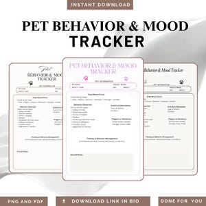 Può includere: Un download digitale con un tracker del comportamento e dell'umore degli animali domestici. Il design include sezioni per le informazioni sull'animale, i controlli giornalieri dell'umore, i comportamenti osservati, l'attività e i trigger. Il testo include "PNG e PDF".