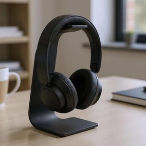 May include: Black over-ear headphones resting on a black headphone stand. The stand has a curved design and a rectangular base. The headphones and stand are on a light-colored wooden surface.