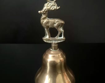 Vintage Brass Stag Bell – Made in England – Large Deer Handle – 6 Inch Equestrian Decor – Country Lodge Hunting Gift