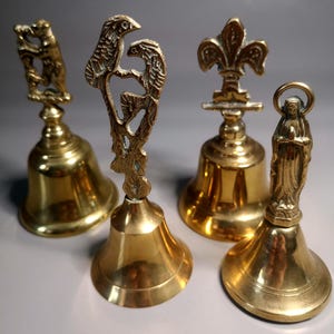Vintage Brass Hand Bells – Decorative Bell Set – Rustic Cottage Decor image 1
