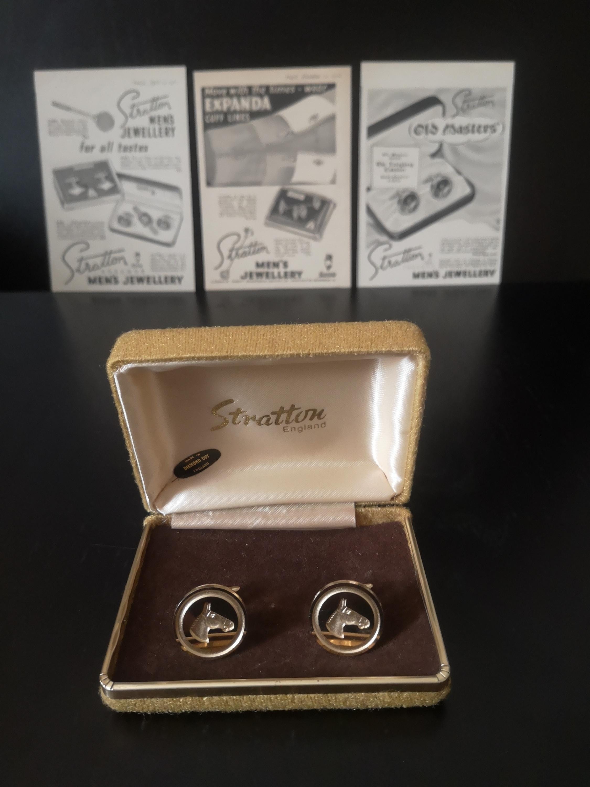 Vintage Stratton England Horse Head Cufflinks - Boxed - Gold Tone & Black Enamel - Equestrian Gentleman Gift - Made in England